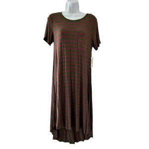 Lularoe Short Sleeve Carly Forest Green Magenta Striped Dress Size XS NWT